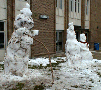 [Snowmen outside Biology building]