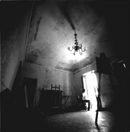 [Black-and-white interior]