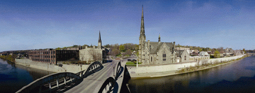 [Through fisheye, church spire is huge]