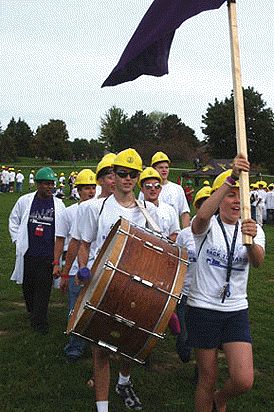 [Flag, bass drum, hard hats]