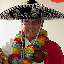 [Sombrero, lei, snowshoes]