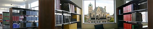 [Library shelves, with view of old Galt]