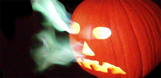 [Pumpkin breathing smoke]