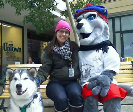 Amy Pfaff, Chemical Engineering, left, and Sheila Kielbasa, DE, in mascot costume