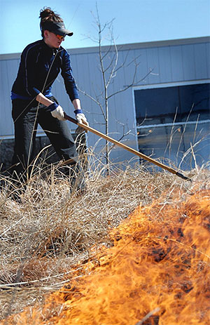 [Tending low flames with rake]