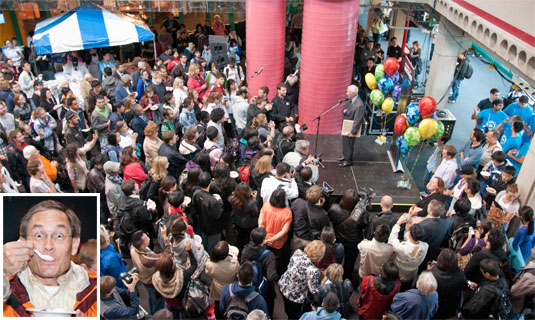 [Colourful crowd view, with inset of ice cream eater]