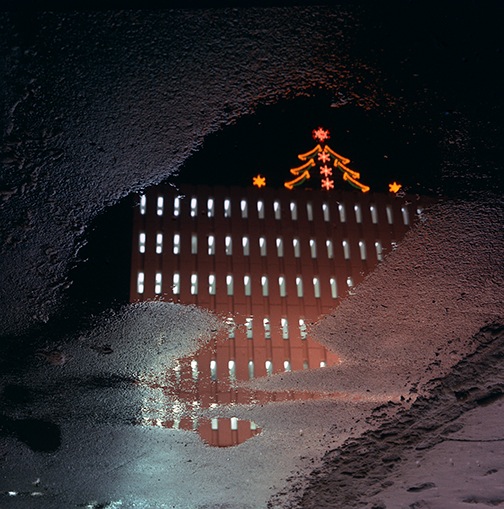 Photo by Maurice Green of Dana porter Library reflected in puddle