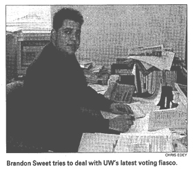 A young Brandon Sweet practices his best "deer in the headlights" expression in his office at the Federation of Students.