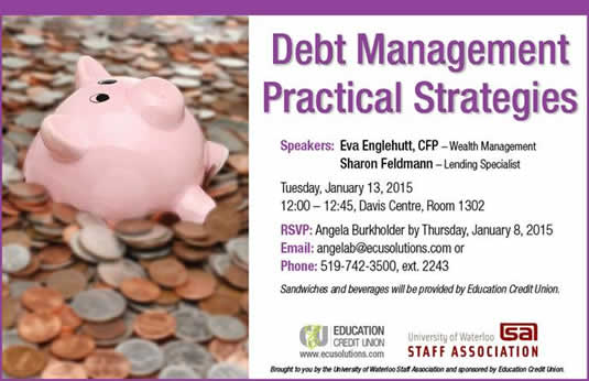 Debt Management, Practical Strategies Lunch and Learn session poster featuring a piggy bank.