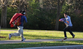 A zombie and a human square off in an earlier battle.