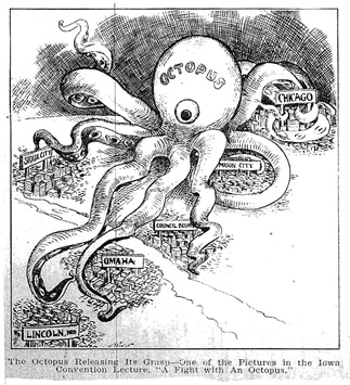 A political cartoon depitcing the telephone company as a hungry octopus.