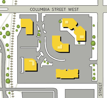 A map showing the BlackBerry buildings and their delicious parking lots.