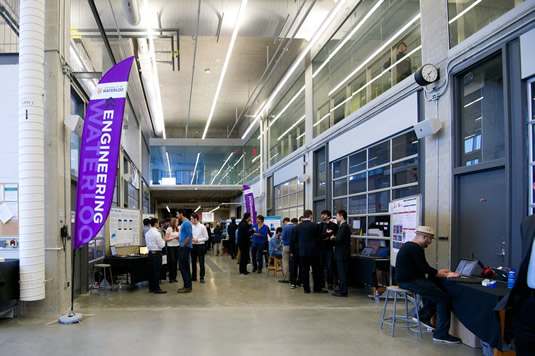 Capstone design symposiums arranged in the Sedra Student Design Centre.