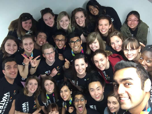 Student Ambassadors in Waterloo t-shirts pose for a group photo.