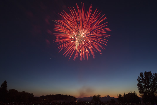 Fireworks burst over Columbia Lake. Pretty though.