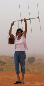Margie Mills tracks radio signals on the savannah.