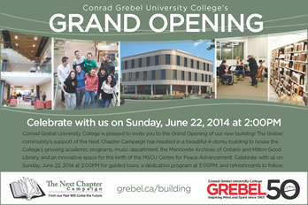 Conrad Grebel grand opening event poster.