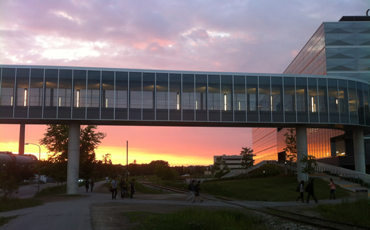 The sunset behind the Engineering 5 bridge.