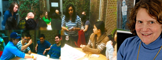 A collage of students studying and Laura Johnson.