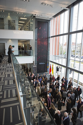 The atrium at the Waterloo Stratford Campus featuring the MicroTile wall.