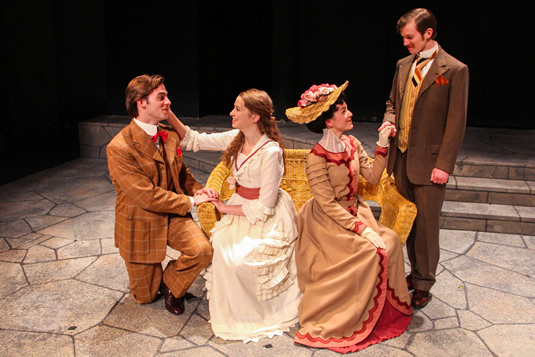 Brendan Stehouwer (Algernon), Emma Mann (Cecily), Kelly Hornung (Gwendolen) and Alan Shonfield (Jack).