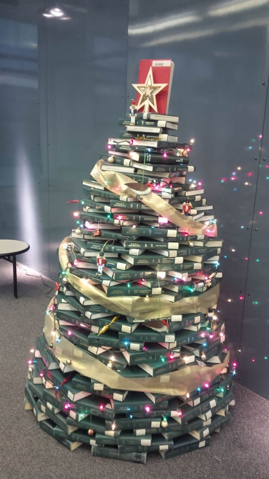 The Davis Centre's Christmas book tree.