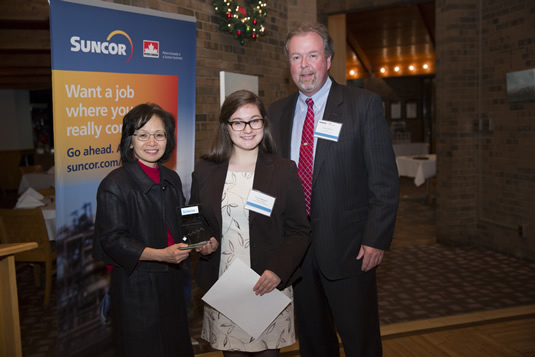 Professor Pearl Sullivan, dean of the Faculty of Engineering, Emily Ostapovich, 1A mechanical engineering and New award recipient, Howard McIntyre, Suncor Energy's Vice-President, Lubricants.