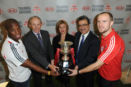 TFC goalkeeper Quillan Roberts, Bob Hunter, Maria Soklis, President Hamdullahpur, TFC goalkeeper Stefen Frei.