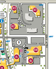 The east quadrant of the campus with EC1, EC2 and EC3 buildings noted.