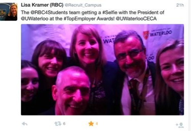 A tweet from Lisa Kramer of RBC "The @RBC4Students team getting a #Selfie with the President of @UWaterloo at the #TopEmployer Awards! @UWaterlooCECA.