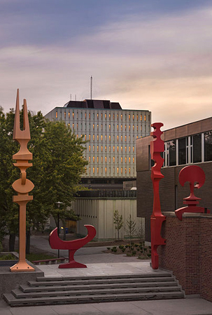 Ron Baird's Fountains sculptures in the Hagey Hall courtyard.